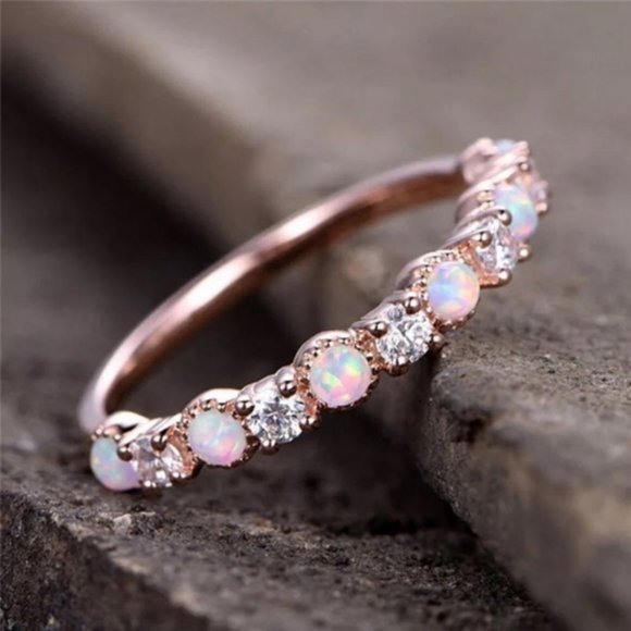 NEW 18K Rose Gold Diamond Opal Half Eternity Ring - Picture 3 of 5
